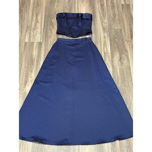 WOMENS PARTY FORMAL SATIN SET STRAPLESS CORSET TOP MAXI SKIRT NAVY BLUE SIZE 7-8